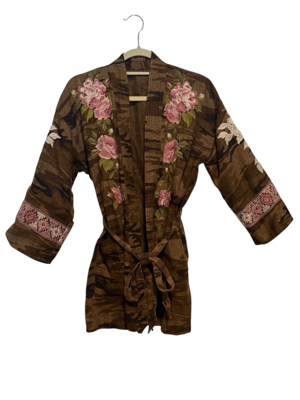 Johnny Was‎ Flora Camo Embroidered Kimono Duster Belted Linen Boho